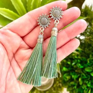 Green Floral Tassel Earrings